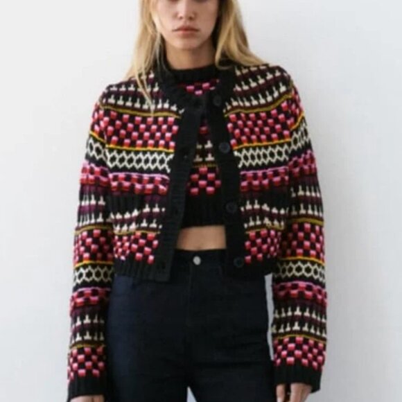 Zara Knit Retro Jacquard Button Down Chunky Cardigan Sweater Black Pink S - Picture 2 of 8